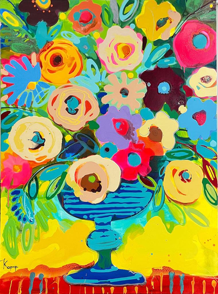 Придбати картину на аукціоні Корф-Іванюк Наталія Квіти у синьому вазоні, 2025 рік, полотно, олія, емаль, трафарет. Розмір: х см.